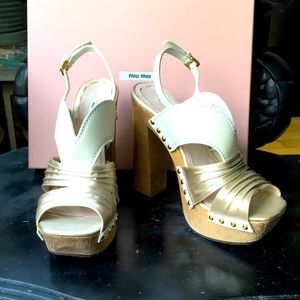 Miu Miu Cream and Gold Leather Platform Sandals